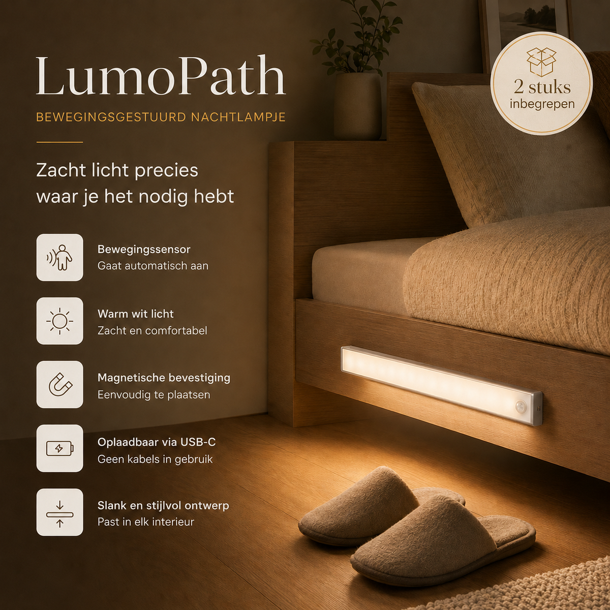 LumoPath | Zacht LED sensorlicht voor veilig opstaan in het donker (set van 2 Stuks)